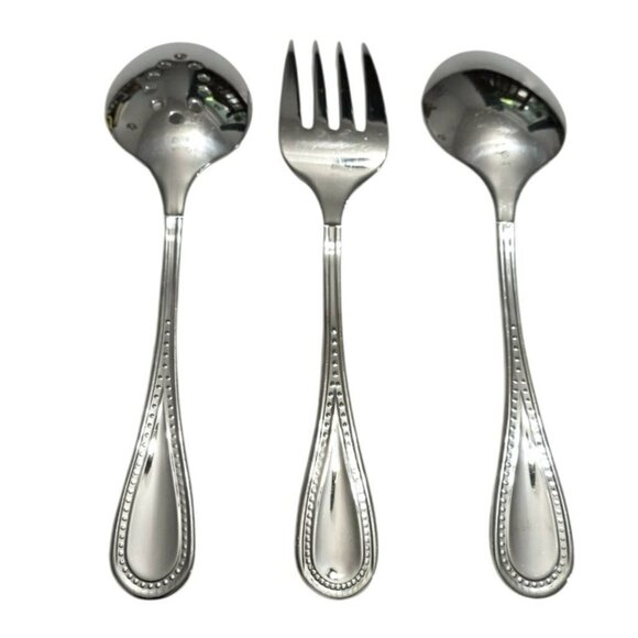 3 Gourmet Settings Serving Set Fork Solid/Slotted Spoon Beaded Glossy Stainless - Picture 4 of 7